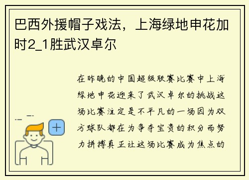 巴西外援帽子戏法,上海绿地申花加时2_1胜武汉卓尔